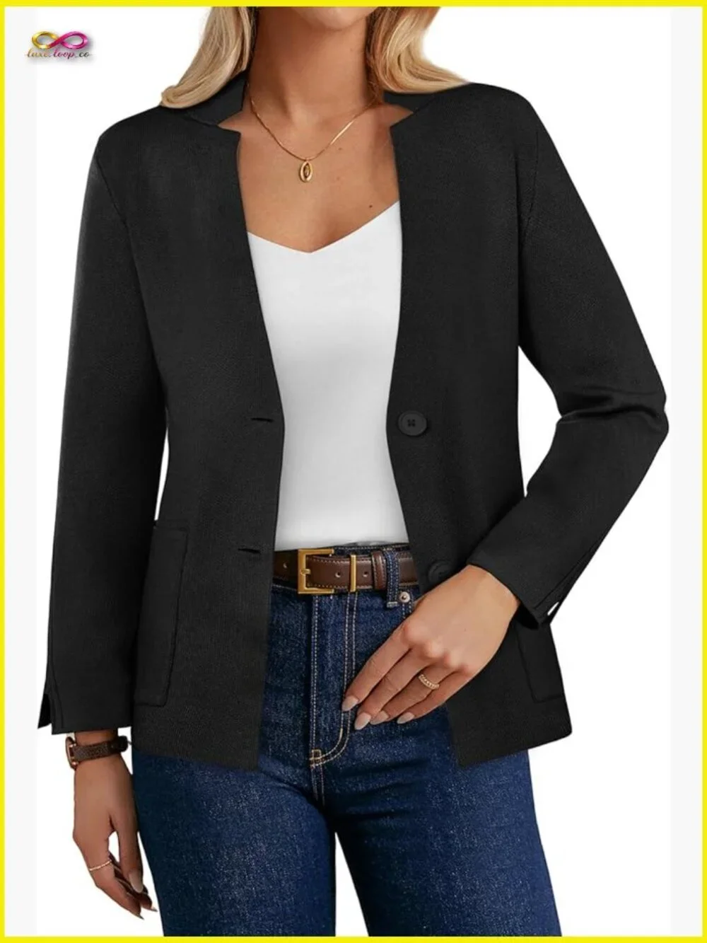 Knit Blazer Cardigan Business Casual Work Jacket with Pockets Long Sleeve